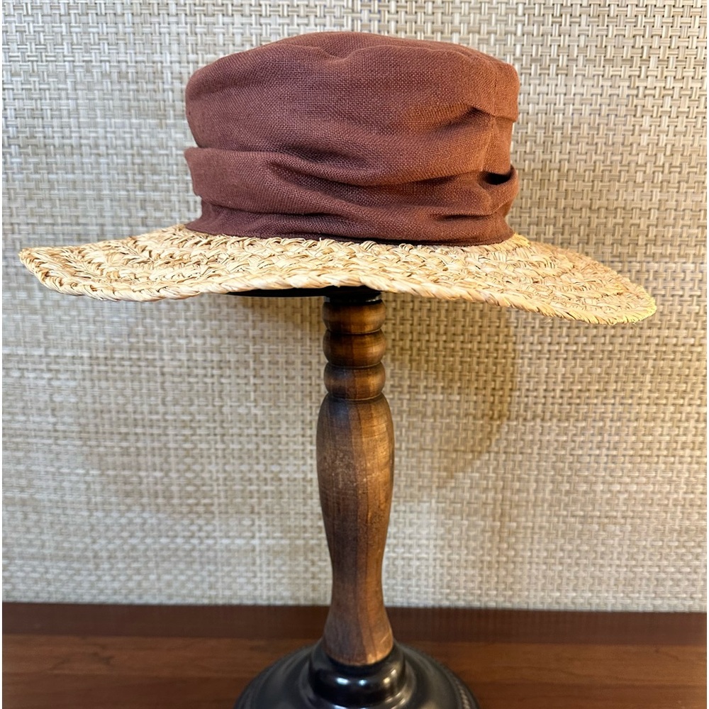 🌟HP🌟VTG 1990s Brown Linen & Straw Summer Hat by Heather Tompkins Collection